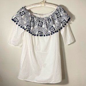 Entro Blouse Size Small White Navy Blue Pom Pom Fringe Embroidered Lined Boho